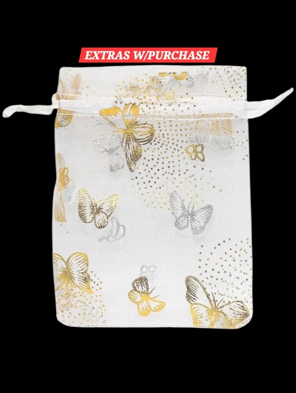 20ct. White Organza Gold Butterfly Print Drawstring Jewelry Bag 4x4.7